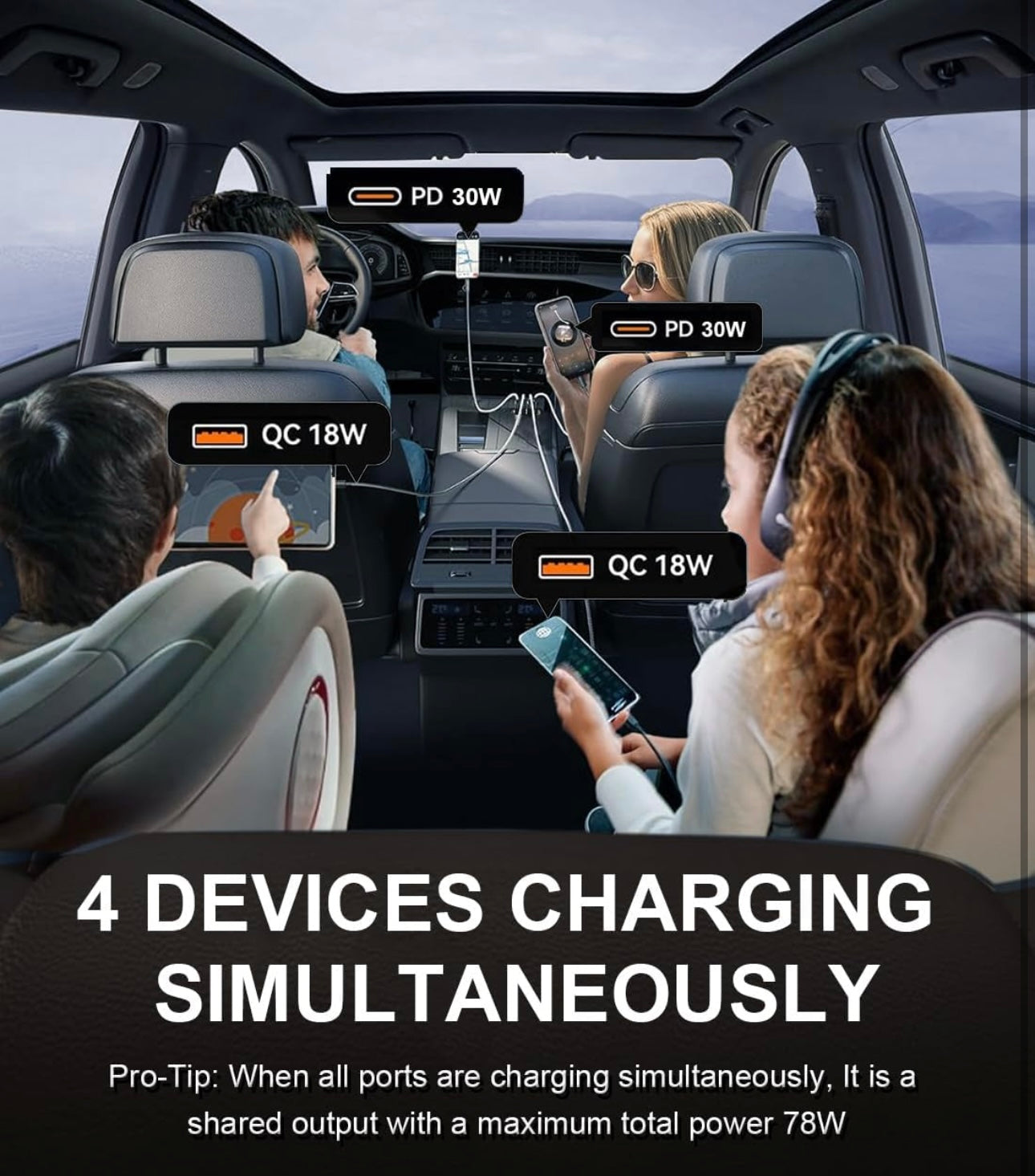 Marine Dual Quick Charge 3.0 USB C 12V Outlet,4 Port with Power Switch