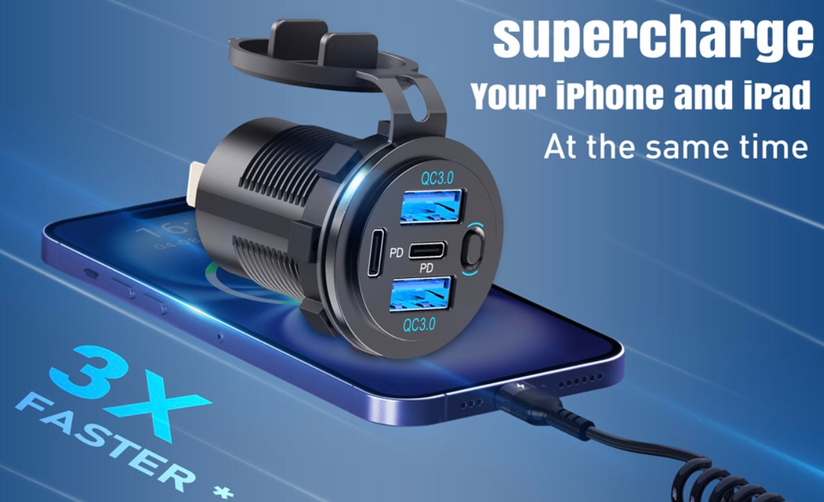 Marine Dual Quick Charge 3.0 USB C 12V Outlet,4 Port with Power Switch