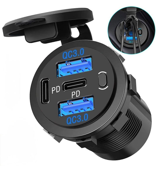 Marine Dual Quick Charge 3.0 USB C 12V Outlet,4 Port with Power Switch