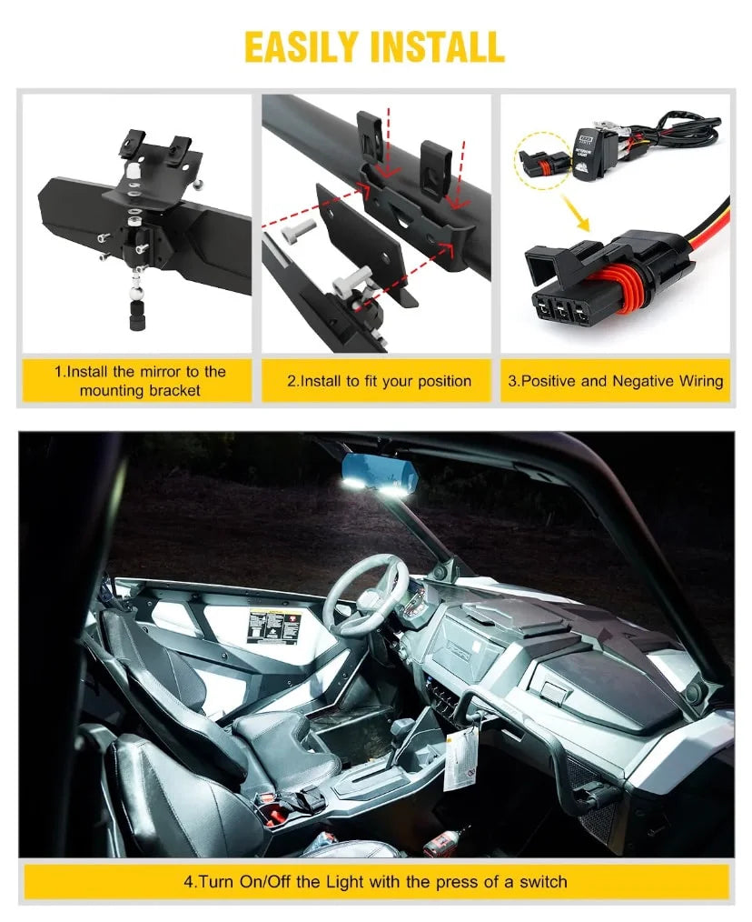 13 Inch UTV Rear View Center Mirror With LED + PULSE Bar Switch