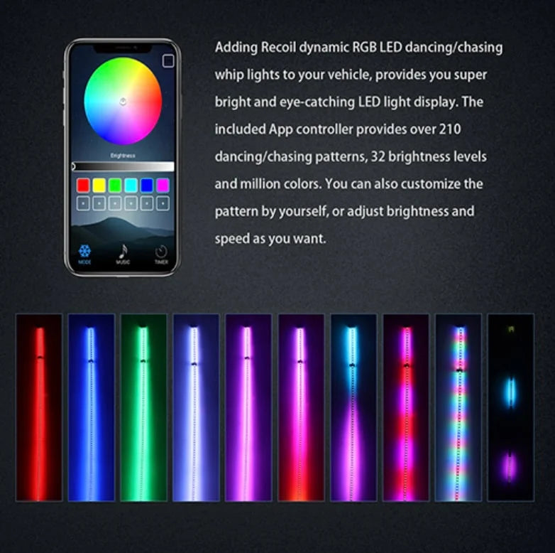 Recoil Audio 3ft Dynamic RGB LED Dancing/Chasing Whip Light